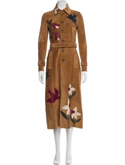 Pre-owned Red Valentino Calf Leather Floral Print Trench Coat In Brown