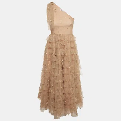 Pre-owned Red Valentino Champagne Pink Tulle Glittered One Shoulder Midi Dress S
