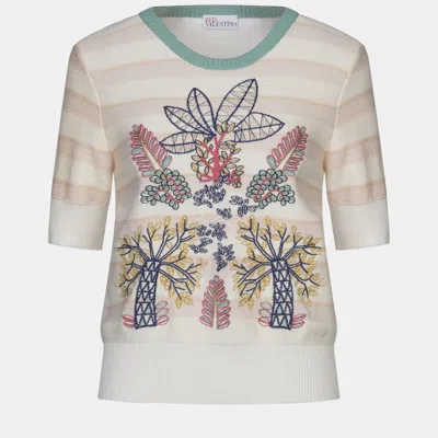 Pre-owned Red Valentino Cream Embroidered Cotton Sweater Xs