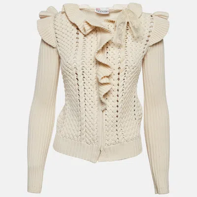 Pre-owned Red Valentino Cream Knit Ruffle Detail Cardigan S