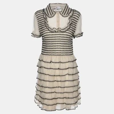 Pre-owned Red Valentino Cream/black Lace Knit Mini Dress M In Beige