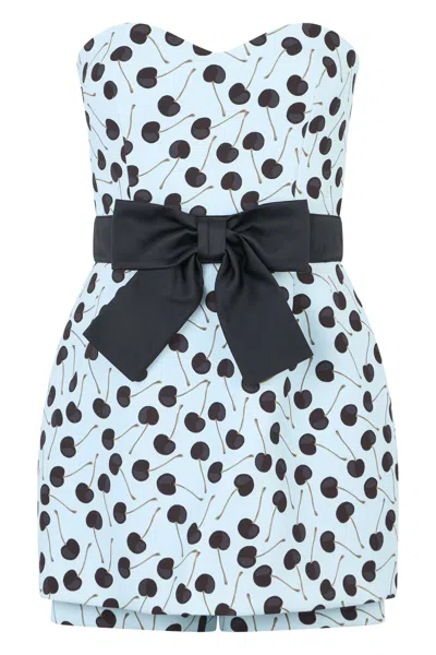 Red Valentino Dress With Shorts Under The Skirt In An Elegant Shade Of Blue With Cherry Print. In Black