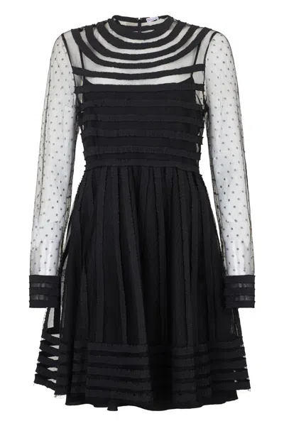 Red Valentino Elegant Black Dress With Structured Bodice And Sheer Sleeves.