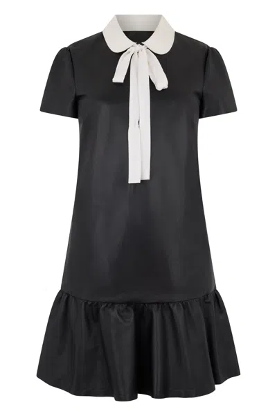 Red Valentino Elegant Black Leather Dress With White Collar, Minimal And Chic.