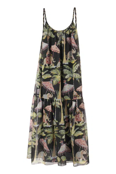 Red Valentino Long Cotton And Silk Dress With Elephant Print In Black