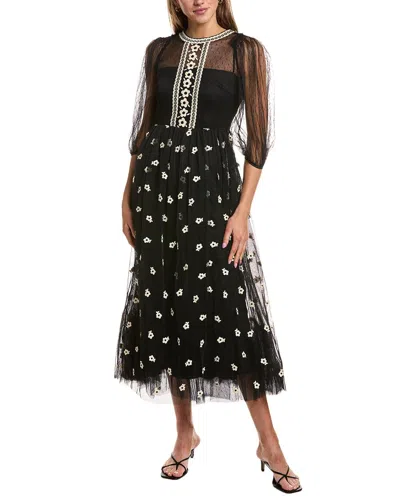 Red Valentino Embroidered Flower Tulle Midi Dress In Black