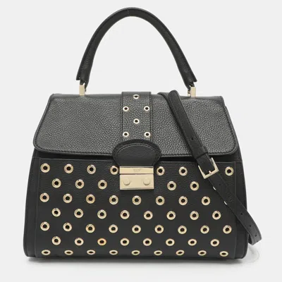 Pre-owned Red Valentino Eyelet Embellished Black Leather Top Handle Bag