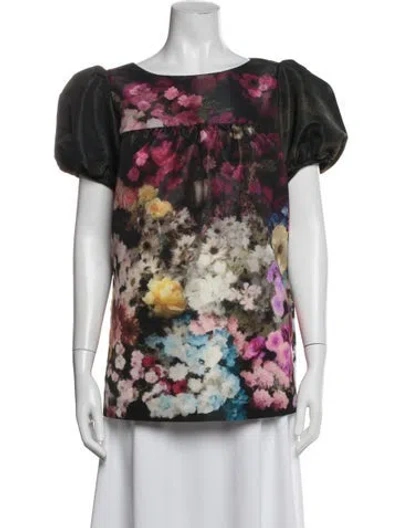 Pre-owned Red Valentino Floral Print Crew Neck Blouse In Black
