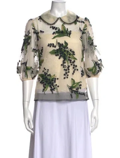 Pre-owned Red Valentino Floral Print Three-quarter Sleeve Blouse In Neutrals