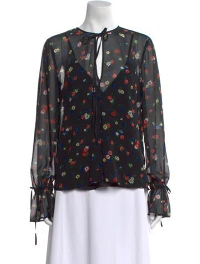 Pre-owned Red Valentino Floral Print Tie Neck Blouse In Black