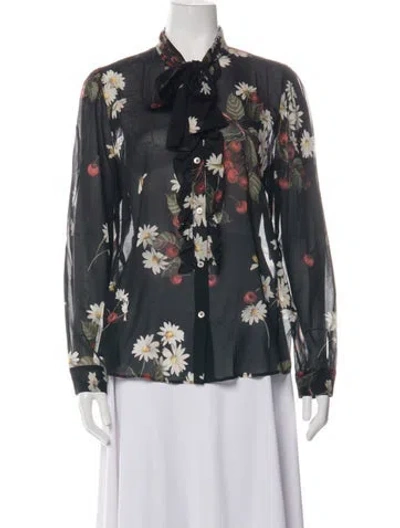 Pre-owned Red Valentino Floral Print Tie Neck Blouse In Black