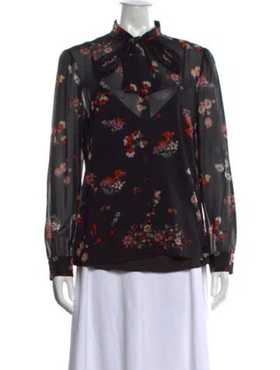 Pre-owned Red Valentino Floral Print Tie Neck Blouse In Black
