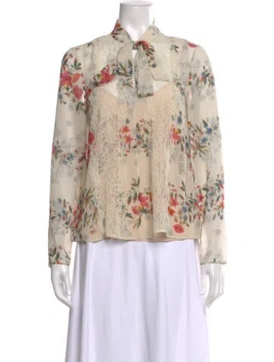 Pre-owned Red Valentino Floral Print Tie Neck Blouse In Neutral