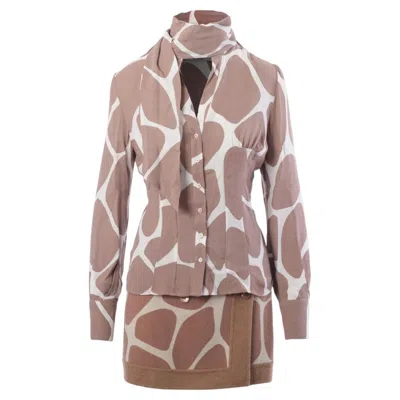 Pre-owned Red Valentino Giraffe Print Silk Blouse With Scarf - '90s