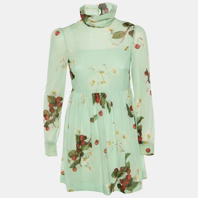 Pre-owned Red Valentino Green Floral Cherry Print Silk Mini Dress S