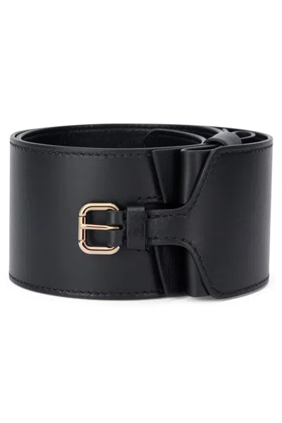 Red Valentino High Black Belt With Golden Buckle. In Pink