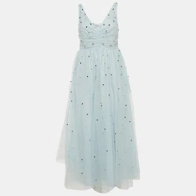 Pre-owned Red Valentino Light Blue Tulle Embellished Flared Midi Dress M