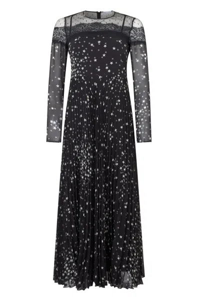 Red Valentino Long Black Dress With Transparent Sleeves And Gray Print.