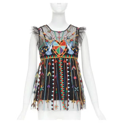 Pre-owned Red Valentino Love Celebration Black Bird Heart Sheer Ruffle Babydoll Top It42 M
