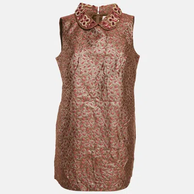 Pre-owned Red Valentino Metallic Embellished Jacquard Sleeveless Mini Dress L In Silver