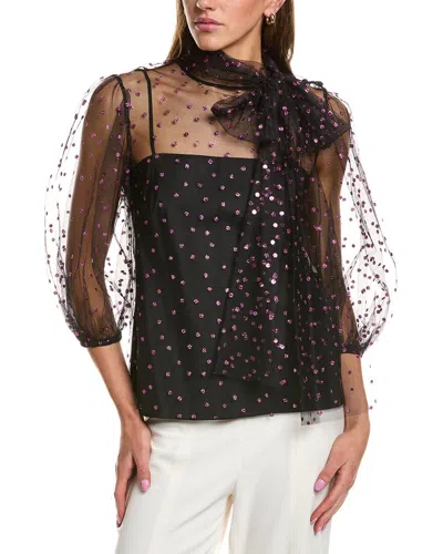 Red Valentino Net Lace & Glitter Blouse In Black