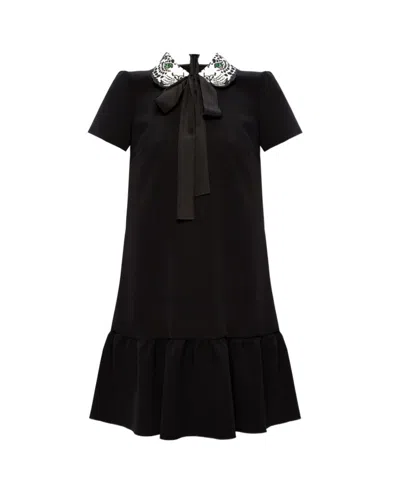 Red Valentino Panther-embroidered Mini Dress In Black