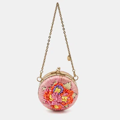 Pre-owned Red Valentino Pink Straw And Leather Daisy Round Chain Purse