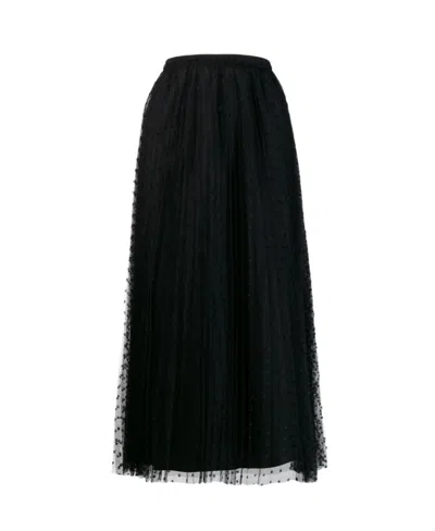Red Valentino Pleated Tulle Point Desprit Midi Skirt In Black