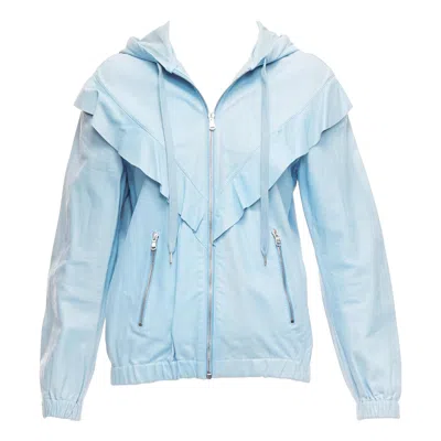 Pre-owned Red Valentino Powder Blue Lambskin Leather Ruffle Panel Hoodie Jacket It40 S