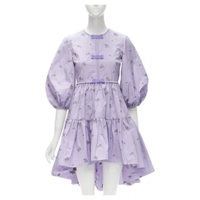 Pre-owned Red Valentino Purple Floral Embroidery Bow Puff Sleeve Babydoll Dress It36 Xs