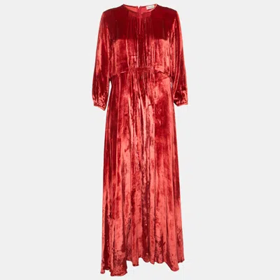 Pre-owned Red Valentino Red Velvet Shirring Detail Maxi Dress Xl