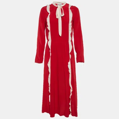 Pre-owned Red Valentino Red/off White Crepe Ruffle Midi Dress M
