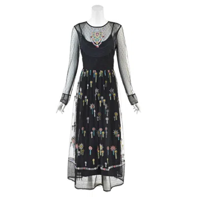 Pre-owned Red Valentino Redvalentino 2016 Chiuri & Piccioli Embroidered Black Tulle Maxi Dress, Sz 10