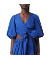 Red Valentino Taffeta Top With Puff Sleeves And Bow Detail In Blue