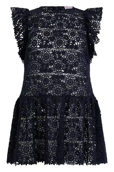 Red Valentino Short Black Dress, Elegant With Floral Details And Cut-outs.