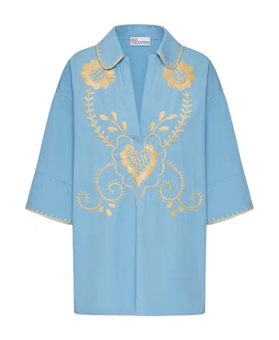 Red Valentino Short-sleeved Embroidered Shirt In Blue