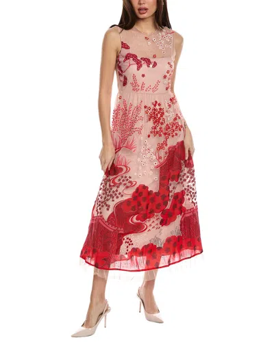 Red Valentino Embroidered Printed Chiffon And Point D'esprit Midi Dress In Pink