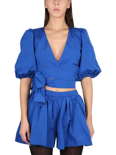 Red Valentino Taffeta Top With Puff Sleeves In Blue