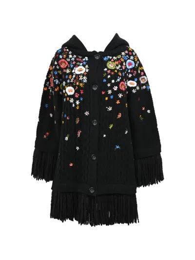 Pre-owned Red Valentino Vintage Embroidered Fringed Cardigan In Black