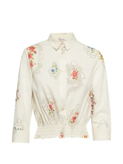 Pre-owned Red Valentino Vintage Floral-print Smocked Shirt In White