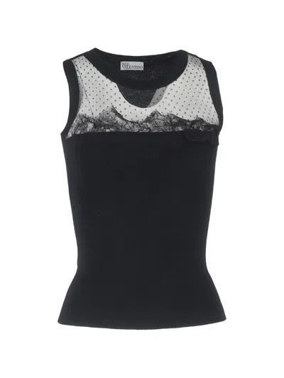 Pre-owned Red Valentino Vintage Knitted Lace-detail Top In Black