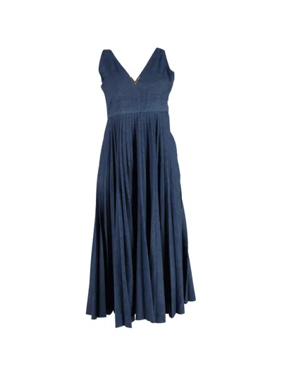 Pre-owned Red Valentino Vintage Pleated V-gold Maxi Dress In Blue