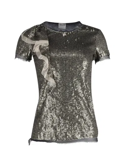 Pre-owned Red Valentino Vintage Ruffle Detail Sequin T-shirt In Gray