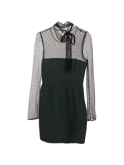 Pre-owned Red Valentino Vintage Tulle-panel Tie-neck Midi Dress In Green