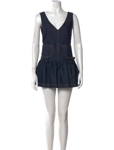 Pre-owned Red Valentino V-neck Mini Dress In Blue