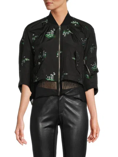 Red Valentino Women's Floral Lace Trim Bomber Jacket In Black