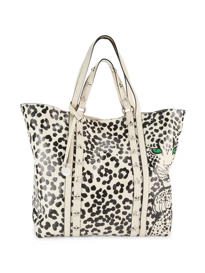 Red Valentino Women's Large Animal Print Leather Tote In Ivory Black