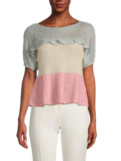 Red Valentino Women's Ruffle Mohair Blend Short Sleeve Sweater In Grey Multicolor