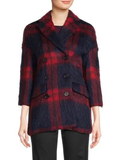 Red Valentino Women's Wool Blend Plaid Peacoat In Blue