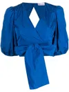 Red Valentino Taffeta Top With Puff Sleeves And Bow Detail In Blue